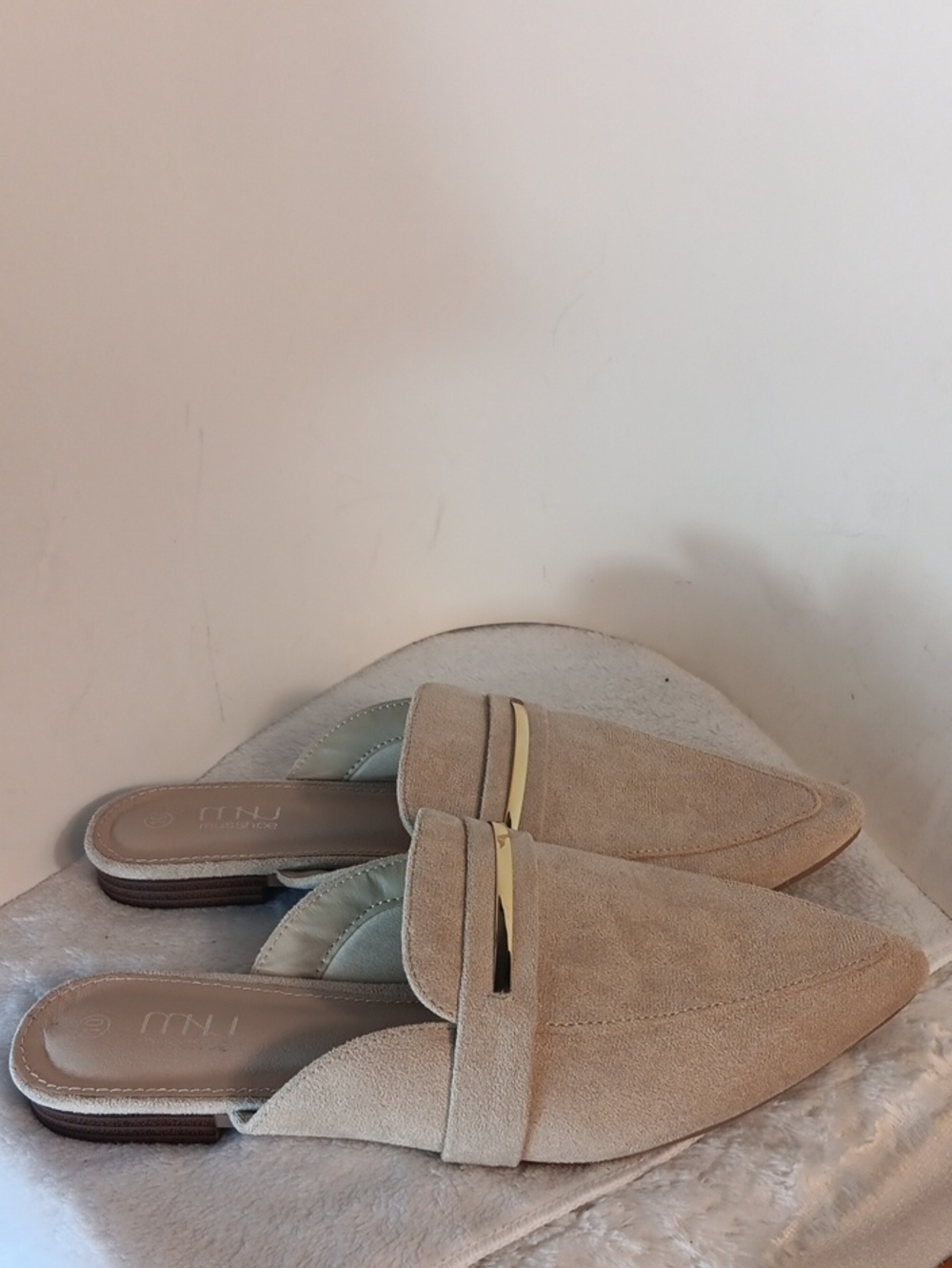Pointed Beige Suede Mule Slides with Gold Bar Trim